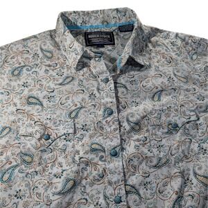 Rough Stock Western Shirt Blue Pearl Snap Paisley Print Long Sleeve Womens Large